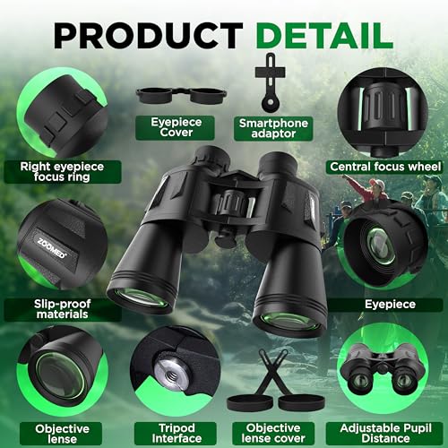 20x50 High Powered Binoculars for Adults with Smart Phone Adapter – Waterproof Compact Hunting Binoculars for Bird Watching, Low Light Night Vision Travel Binoculars with Carrying Case & Strap 20x50 Black Binoculars