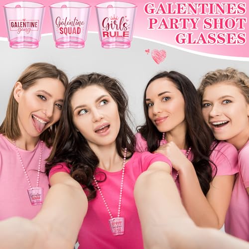 FoldTier 24 Set Galentine's Day Shot Glass on Beaded Necklace Pink Heart Shaped Shot Glasses Cute Plastic Galentines Gang Cups Necklaces Set for Bachelorette Valentines Wedding Party Favors