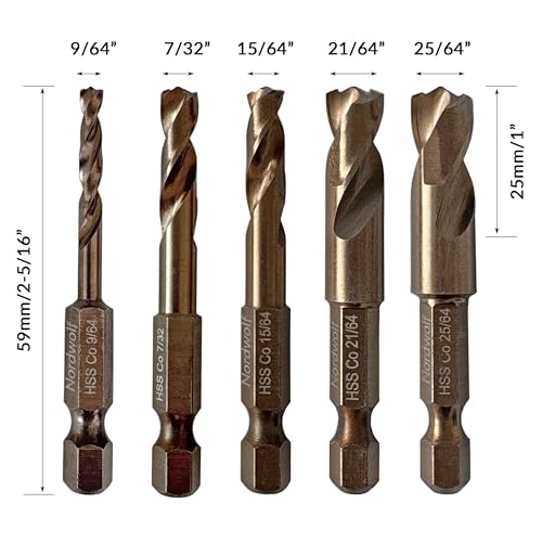 NordWolf 5-piece M35 cobalt stubby hex-shank drill bit set in storage box, SAE sizes 9/64 to 25/64 inches