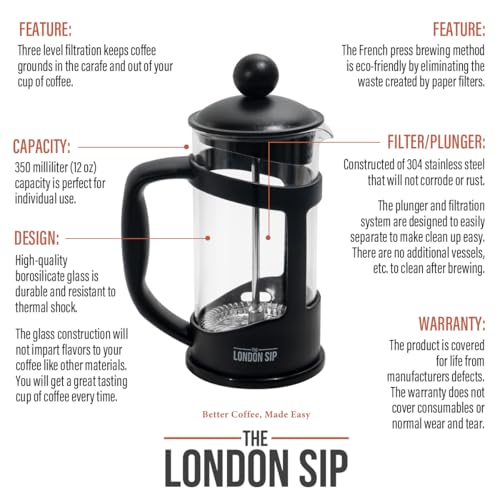 The London Sip Glass French Press Immersion Brewer Coffee Press Stainless Steel Filter System, 12oz, Black 12 oz