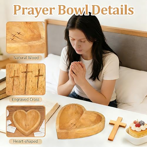 8 Inch Wooden Heart Prayer Bowl with 12 Cards, Rustic Cross Carved Decor