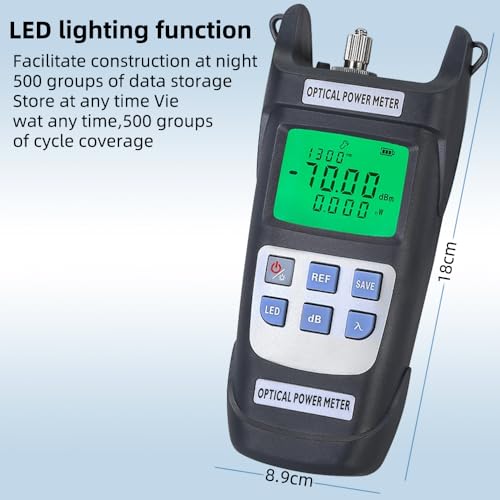 Fiber Optic Power Meter, High Precision Fiber Optic Cable Tester -70dBm ~ +10dBm with LED Light, OPM Optical Power Meter with 10 Wavelength Memories (Grey) black