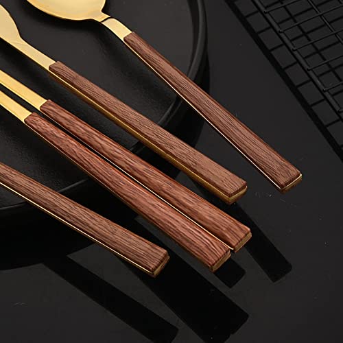 JASHII 24pcs Reusable Flatware Silverware Set, Gold Stainless Steel Knife Fork Spoon Chopstick Straw Set with Square Wooden Handle,Service for 4, Include 1 Brush, Dishwasher Safe.