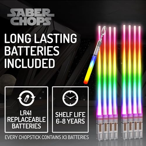 LIGHTSABER CHOPSTICKS LIGHT UP STAR WARS CHOPSTICK LED Glowing Light Saber Chop Sticks REUSABLE Sushi Sabers Cool Fun Geeky STARWARS Chop Stick Set 4 PAIRS | FREE Keychain Soft Carry Pouch | Gift Box 4 PAIRS & FREE KEYCHAIN 8 COLOR MODES