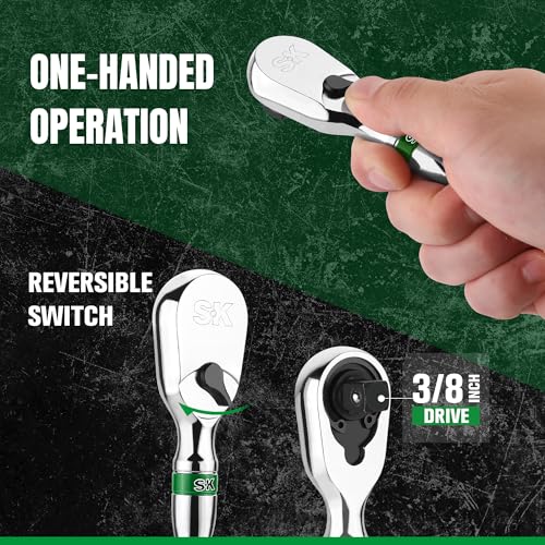 SK 3/8-inch drive stubby ratchet handle with 90-tooth pear head in alloy steel