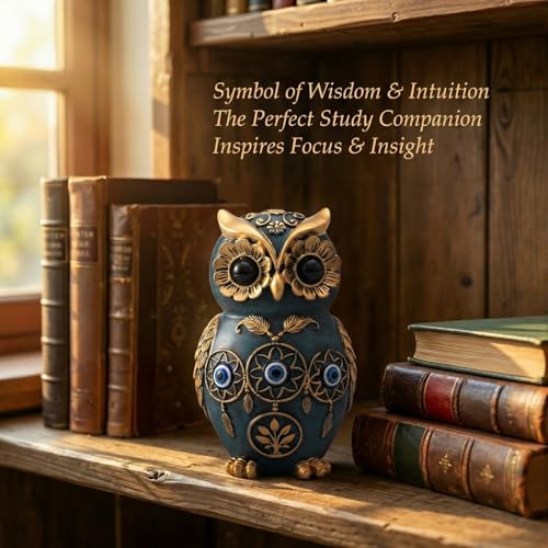 Blue Owl Statue with Evil Eye & Dreamcatcher Decor - 4.8" Resin Owl Figurine for Shelf, Desk & Living Room - Gold Accents Wisdom Bird Sculpture - Unique Boho Spiritual Protection Gift for Women, Mom Blue