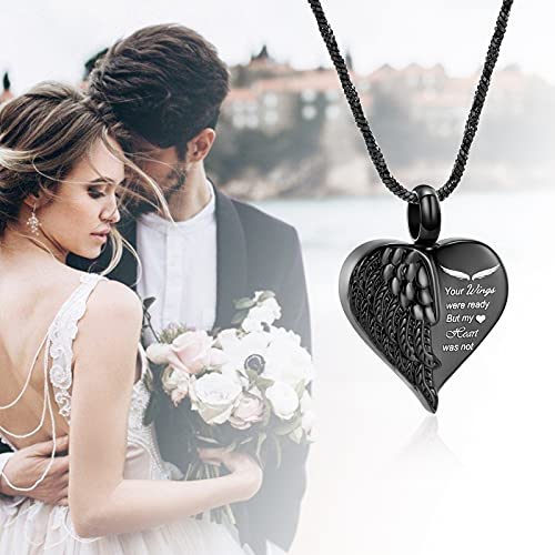Yinplsmemory Love Heart Urn Necklace for Ashes Keepsake Memorial Cremation Jewelry Stainless Steel Angel Wing Heart Urn Locket Ashes Holder Memorial Urn Jewelry for Human/Pet Ashes Black