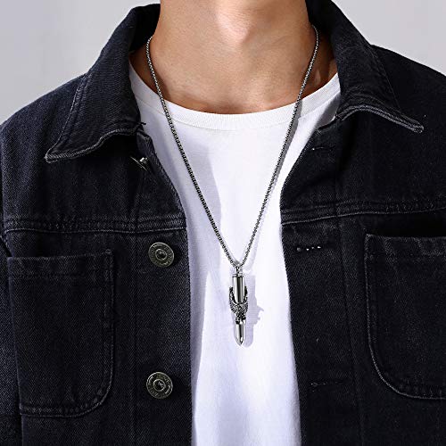 Stainless Steel Bullet Eagle Urn Necklace For Ashes Mens Cremation Urn Memorial Jewelry Silver