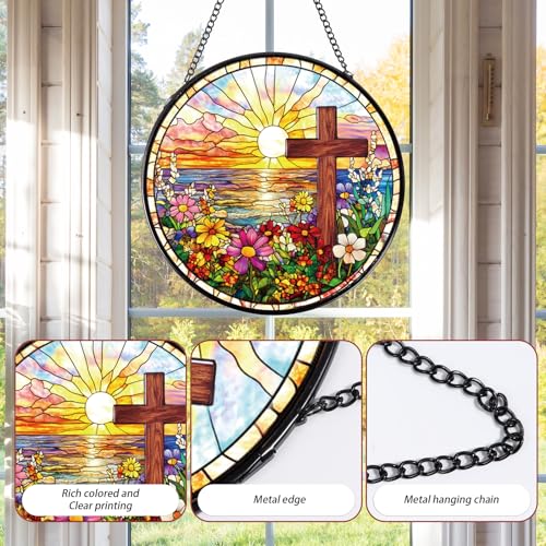 Rngmsi Cross Flower Stained Glass Sun Catcher 8 Inch Window Home Decor Religious