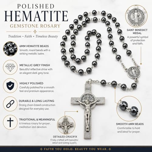 JRose Collections Hematite Gemstone Rosary Beads 6mm Catholic Prayer Necklace with Saint Benedict Medal and Crucifix, Black Polished Hematite Rosary Chain for Prayer Meditation and Devotional Use