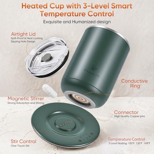 Self Stirring Coffee Mug, Self Heating Coffee Mug, Heated Cup with 3-Level Smart Temperature Control, Auto Shut-Off Electric Coffee Cup Warmer with Detachable Base, Gift for Family Friends (Green) Green