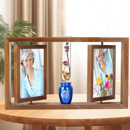 Small Urn for Human Ashes and Memorial Picture Frame Hold Two 4’’ x 6’’ Photo with Hydroponics Glass Vase,Mini Keepsake Urn（Not Included Plant）