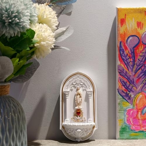 6.3” Holy Water Font - Washable Resin Holy Water Holder for Home Entrance, Handcrafted Wall Mounted Holy Water Table Font for Catholic Religious Gift