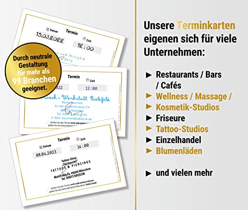 200 x appointment notes, gold, with high-quality gold foil embossing, 1 appointment on an appointment sheet, practice, business card format, landscape format 200