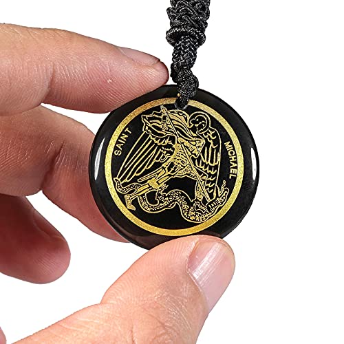 TUMBEELLUWA Engraved Archangel Saint Michael's Holy Shield Crystal Necklace Black