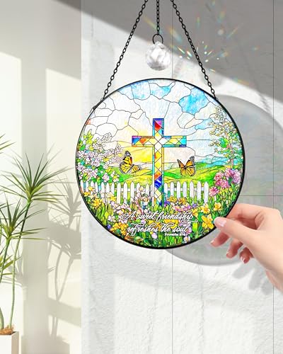 7.8" Christian Bible Verse Stained Glass Window Hanging Cross&garden 7.8 inch