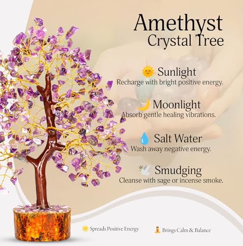 YATSKIA Amethyst Tree - Crystal Tree - Feng Shui Crystals Decor - Purple Decor - Spiritual Crystals - Crystal Meditation - Spiritual Gifts Amethyst Golden Wire
