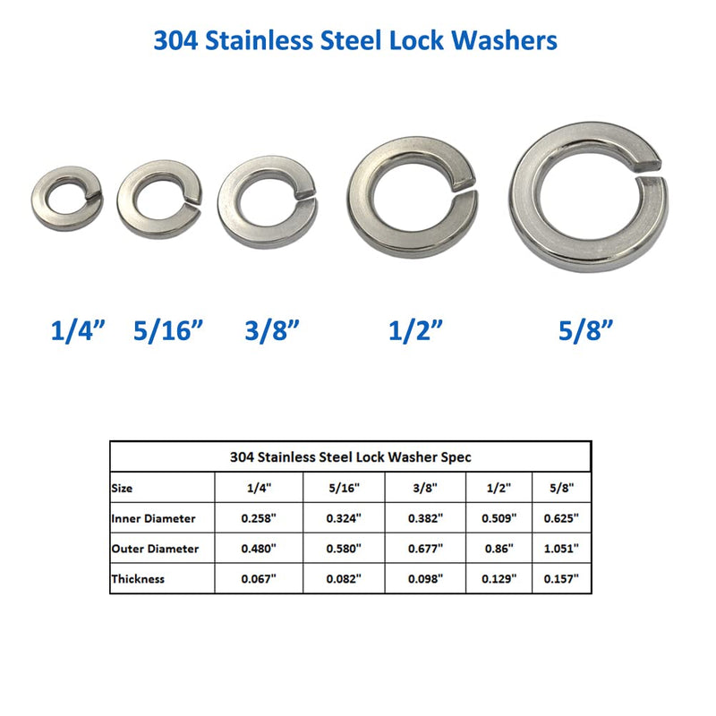 160 pcs 304 Stainless Steel Split Spring Lock Washers Assortment Kit Mix 5 Big Sizes, 1/4, 5/16, 3/8, 1/2, 5/8 inch