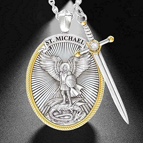The Archangel Saint Michael/Oval Medal Necklace Protection Prayer Pendant Necklace Seal Solid with A Sword Pendant Necklace -1PCS