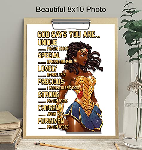 Black Wall Art Woman - African American Women, Girls - God Says You Are Christian Wall Decor - Inspirational Motivational Quotes - Positive Affirmations - Bible Verses - Religious Gifts -8x10 Unframed