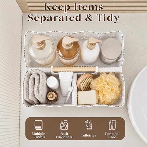 GVY Plastic Shower Caddy Portable, Large Capacity Shower Basket with Handle, Divided Bathroom Toiletry Organizer, Quick-Drain Shower Caddy for College Dorm Beach Kitchen Essentials, White.