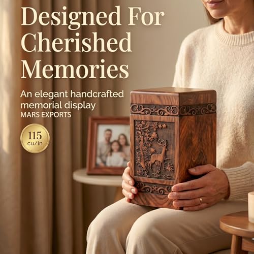 Wooden Cremation Urns Box for Human Ashes, Memorial Keepsake Boxes for Adults, Male/Female,Child, Pets Dog Cat Wood Burial Funeral Container (Deer, Medium 115 cu in) Deer
