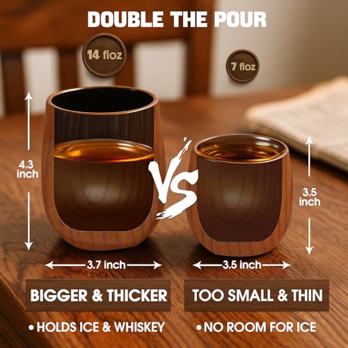 Bonteck Charred Wooden Bourbon Drinking Glass | Bourbon Gifts for Men | Large Old Fashioned Glass | 14 oz Wooden Whiskey Tumbler | Birthday Whiskey Gifts for Men, Dad or Brother (2 Pack) 2 Pack Charred