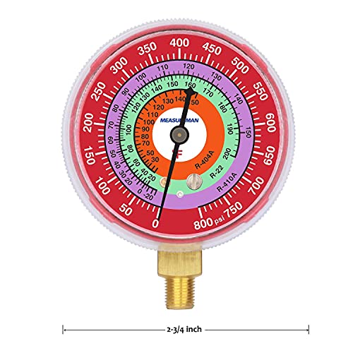 MEASUREMAN refrigeration pressure gauge kit with 2-3/4-inch blue and red dials, 1/8-inch NPT lower mounts