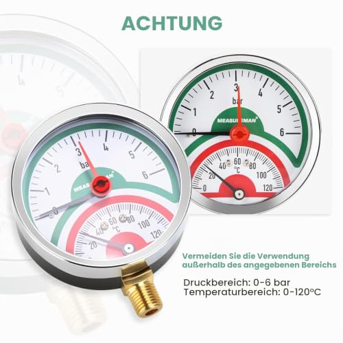 Thermal Pressure Gauge, 3 Inch Dial, 0-6 Bar/120°C, Black Steel Case, G1/2 Lower Connection