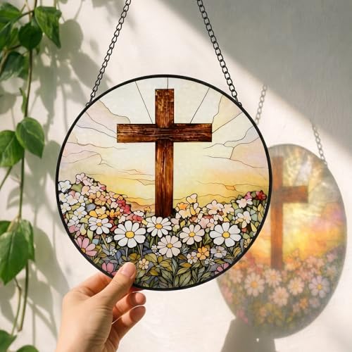 8 Inch Stained Glass Cross and Wildflowers Suncatcher Christian Stained Glass Windows Hanging Flower Cross Gift for Religious Mother's Day Faith Christian Gifts Religious Home Decor Cross & Wildflowers
