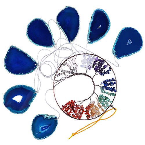 TUMBEELLUWA 7 Chakra Tree of Life Hanging Ornament with Blue Agate Slice 2# Blue