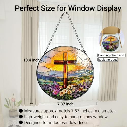 Stained Glass Window Hanging 7.8" Cross Suncatcher Christian Home Decor Art 7.8''