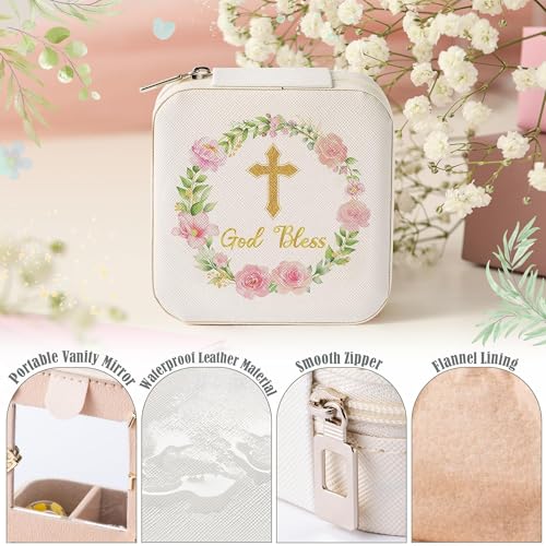 God Bless Jewelry Box for Women Girls - Cross Floral Portable Travel Jewelry Case Pink Gold Small Jewel Organizer Box, Baptism Wedding Easter Mother's Day Birthday Gifts for Friend Bride