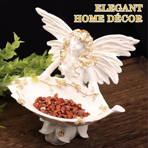 6 Inch Elegant Angel Jewelry Tray, Exquisite Resin Angel Statue Decorative Dish, Unique Jewelry Holder for Bedroom or Living Room Decor