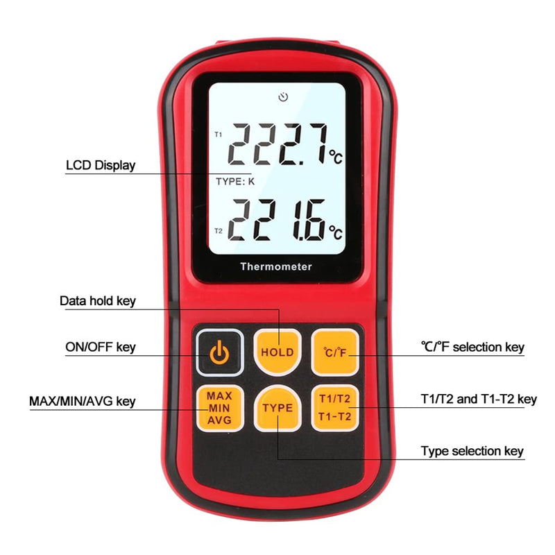 [Australia - AusPower] - Digital Thermometer Pyrometer -400°F ~ 3200°F (-250°C ~ 1700°C), Professional Thermocouple Lab Thermometer with Dual Channel Thermometer Probe, K-Type Handheld High Temperature Thermometer Red 