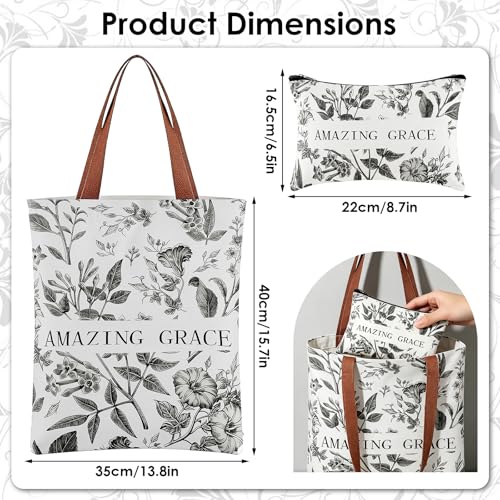 Religious Tote Bag Set with Makeup Bag, Floral Bible Verse Canvas Tote
