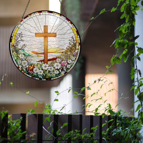 Cross Wildflower Stained Glass Suncatcher for Window, Christian Gift Cross