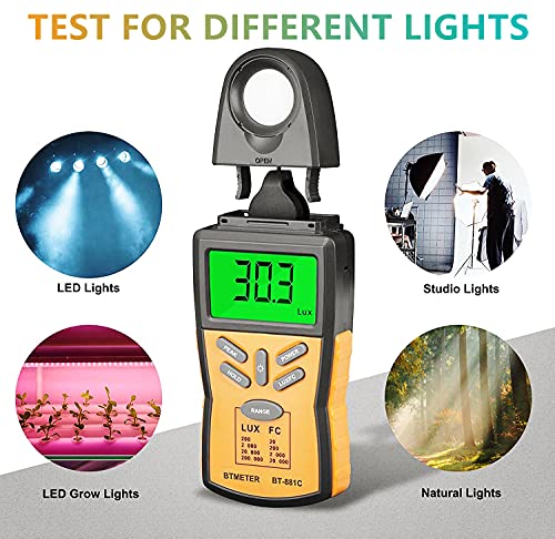 BTMETER BT-881C digital illuminance light meter, yellow lumen and foot-candle photometer tester