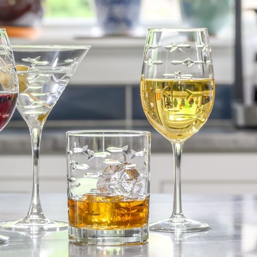 Rolf Glass School of Fish 13 oz Double Old Fashioned Whiskey Cocktail Glass | Set of 2 | Engraved Lead-free Tumbler Glasses | Made in the US 13oz Double Old Fashioned 2 Count (Pack of 1)