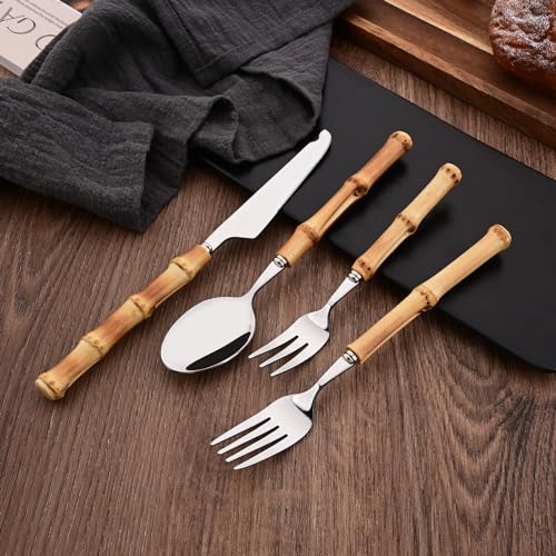 30PCS Silverware Set for 6, Bamboo Handle Flatware Set, Stainless Steel Cutlery Set for Home Restaurant and Party, Bamboo Forks Spoons and Knives Set, Polished Tableware 30-Piece Service for 6
