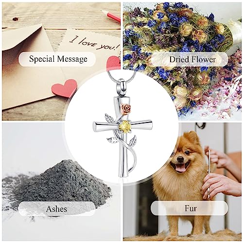 Minicremation Cross Urn Necklace for Ashes Birthstone Rose Flower Cremation Jewelry for Women Gilrs Keepsake Memorial Ashes Pendant Gold
