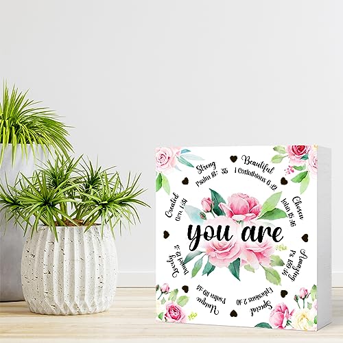 Inspirational Wood Box Sign Christian Wooden Block Signs The Bible Verse Quote Desk Décor for Home Office Bedroom Table Décor,Religious Gifts Christian Gifts for Women You Are Created