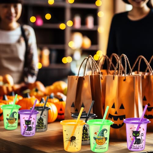 Nuanchu 24 Pcs Halloween Cups for Kids Plastic Tumbler with Lids and Straws 10 Oz Reusable Toddler Cups for Happy Halloween Party Gift Supplies (Vivid) Vivid