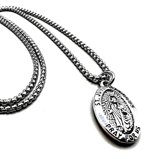 Antique Silver St Jude Thaddeus Medal Necklace on a 24'' Stainless Steel Chain in a Velvet, Drawstring Gift Bag