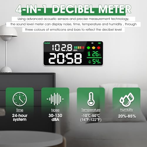 Sound Level Meter Decibel Meter LED Screen Brightness Adjustment 30-130dBA Range 4-in-1 Noise, Time, Temperature and Humidity, Suitable for Home, Office, etc gr-165a