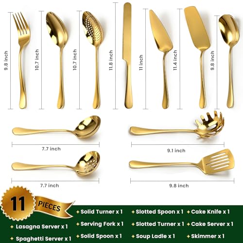 11-Piece Gold Serving Utensils Set, Stainless Steel Large Serving Spoons, Fork, Spatula, Ladle, Cake Knife & Server - Party Serving Supplies for Buffet, Weddings & Catering (Gold)