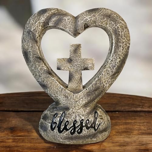 Top Brass Blessed Heart and Cross Standing Figurine – 5.5” Rustic Inspirational Statue with Engraved ‘Blessed’ Script, Christian Tabletop Décor, Faith-Based Home Accent, Spiritual Item for Loved Ones
