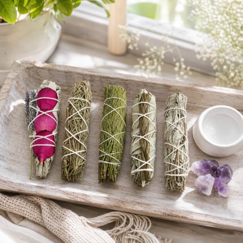 Smudge Sticks Sampler - 1 White Sage with Rose and Lavender, 1 Rosemary, 1 Cedar, 1 Sweetgrass White Sage and 1 Black Sage Stick Sampler