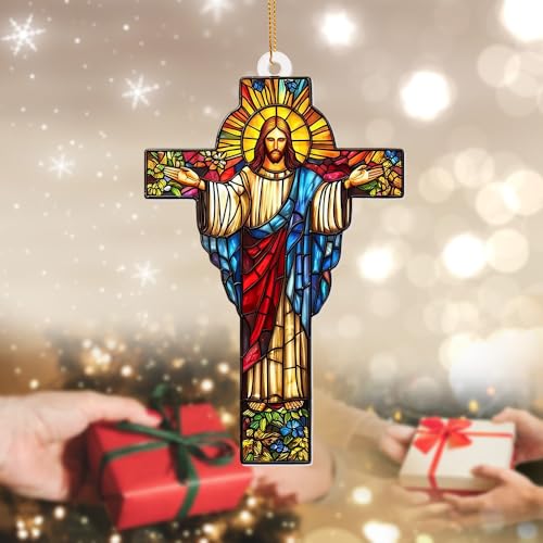 Stained Glass Jesus Cross Car Hanging Ornament – Acrylic Rearview Mirror Charm, Christian Cross Sun Catcher for Car or Home, Inspirational Religious Gift for Men & Women(Sun-29) Sun-29