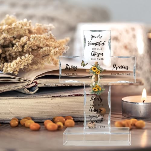 WEBEEDY Bible Verse Sunflower Catholic Cross Decor Acrylic Standing Cross with Base, Religious Gifts for Women Men Biblical Verse Catholic Cross Statue for Memorial Gift Home Office Decor, 10x15cm